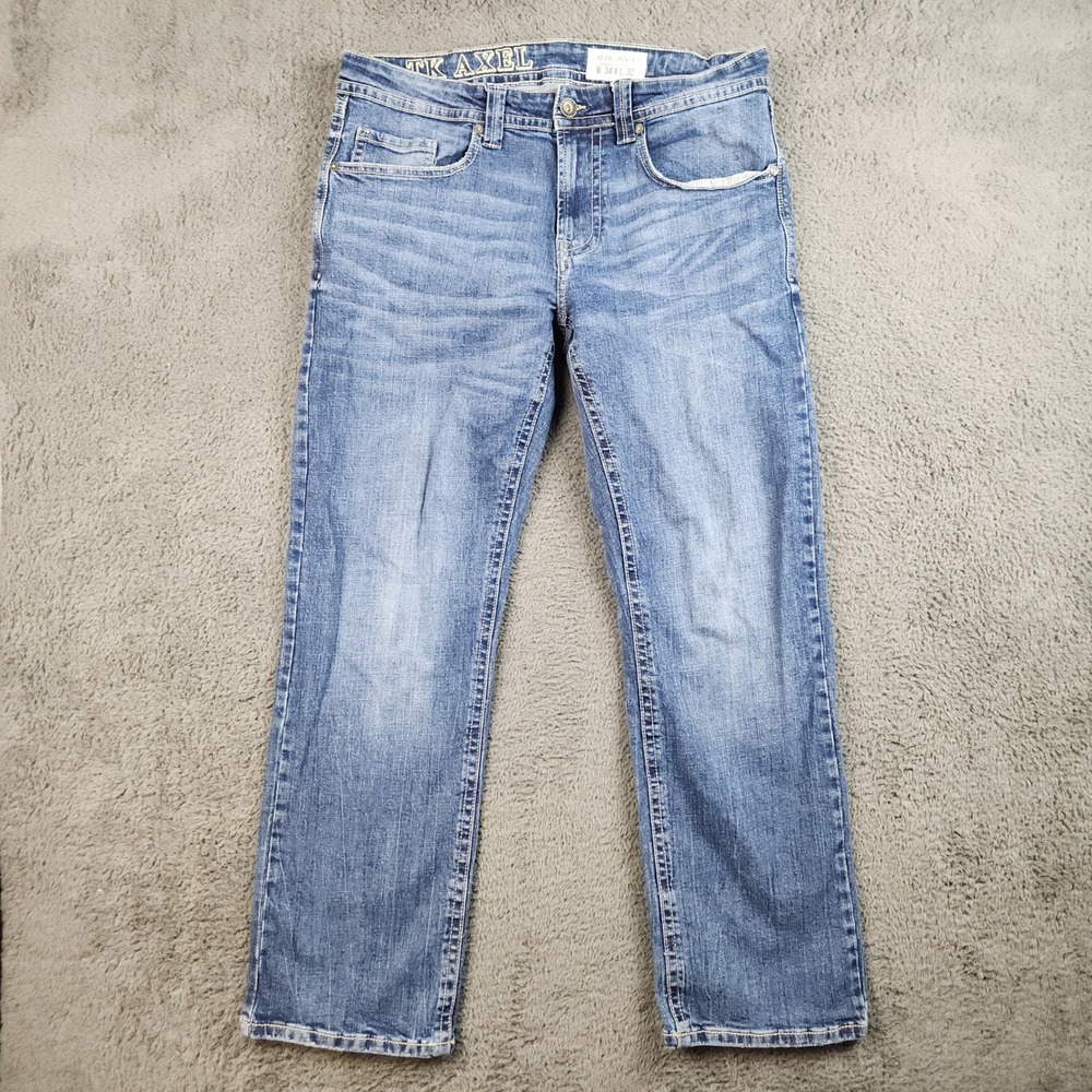 Y2K TK Axel Slim Boot Jeans Mens 34x32 Denim Medium Wash Embroidered Flap Pocket